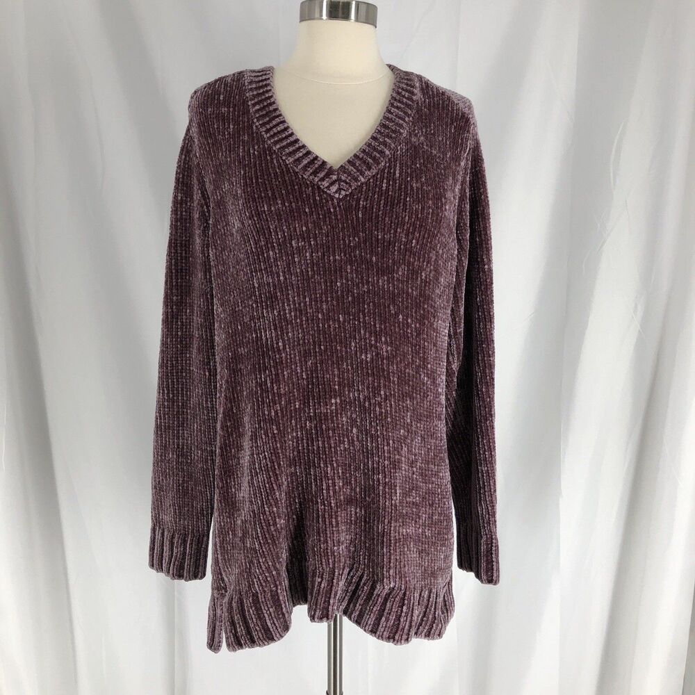 Orvis Chenille V-Neck Ribbed Trim Pullover Purple Sweater Top Womens MEDIUM
